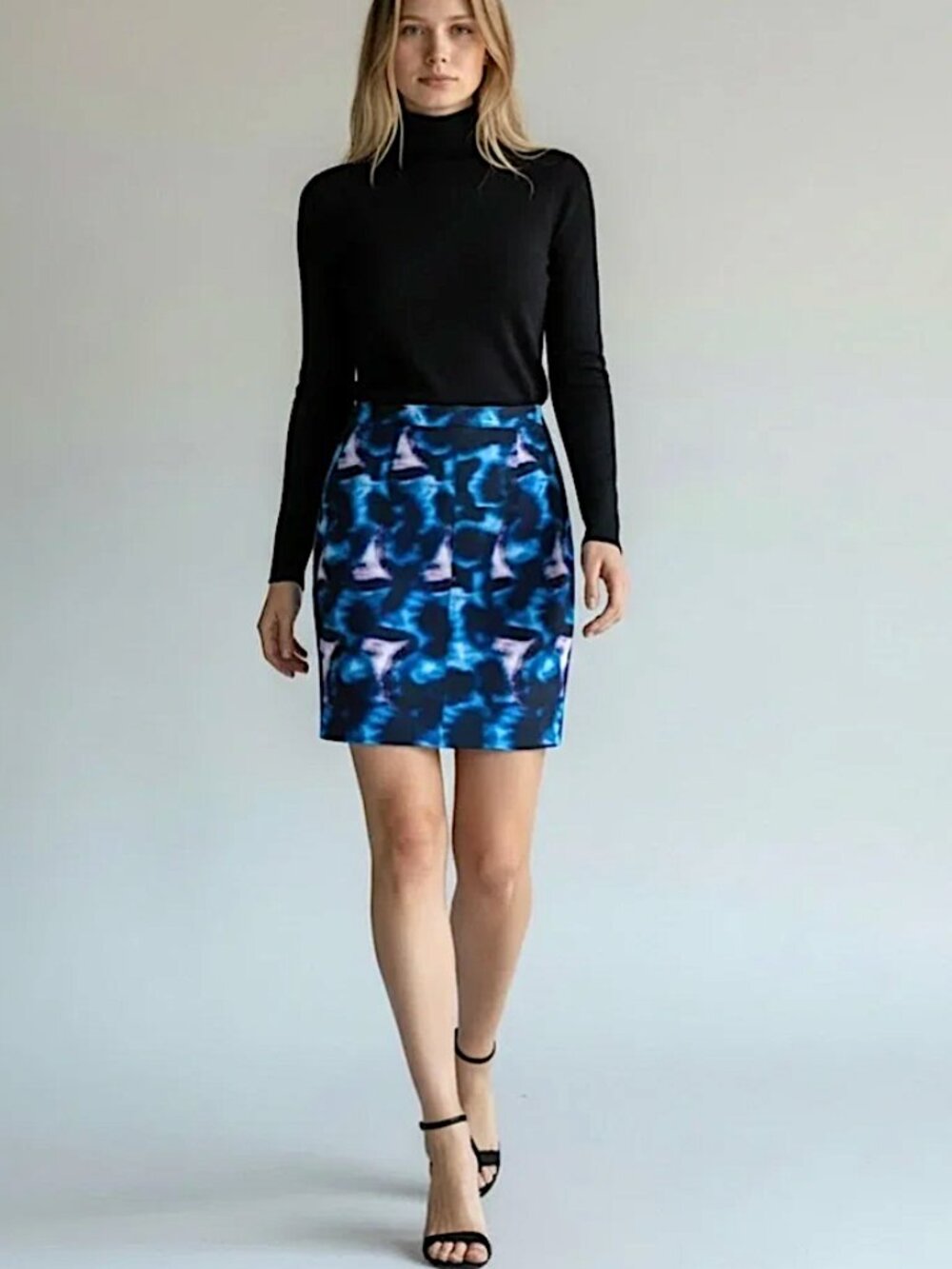 ERDEM Abstract Designer Print Mini Pencil Skirt Blue Stretch Swirl Celeb Luxury